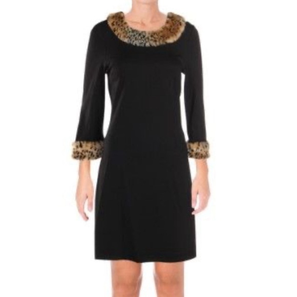 Julie Brown NYC Black Cheetah Faux Fur Trim Maggie Dress Size Medium - Picture 1 of 9
